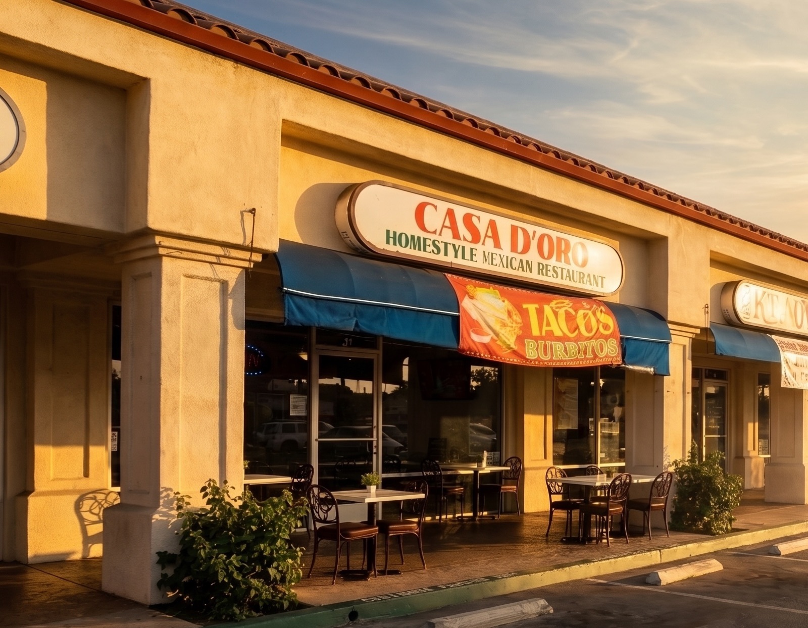 Fachada de Casa D'Oro al atardecer, Tustin CA