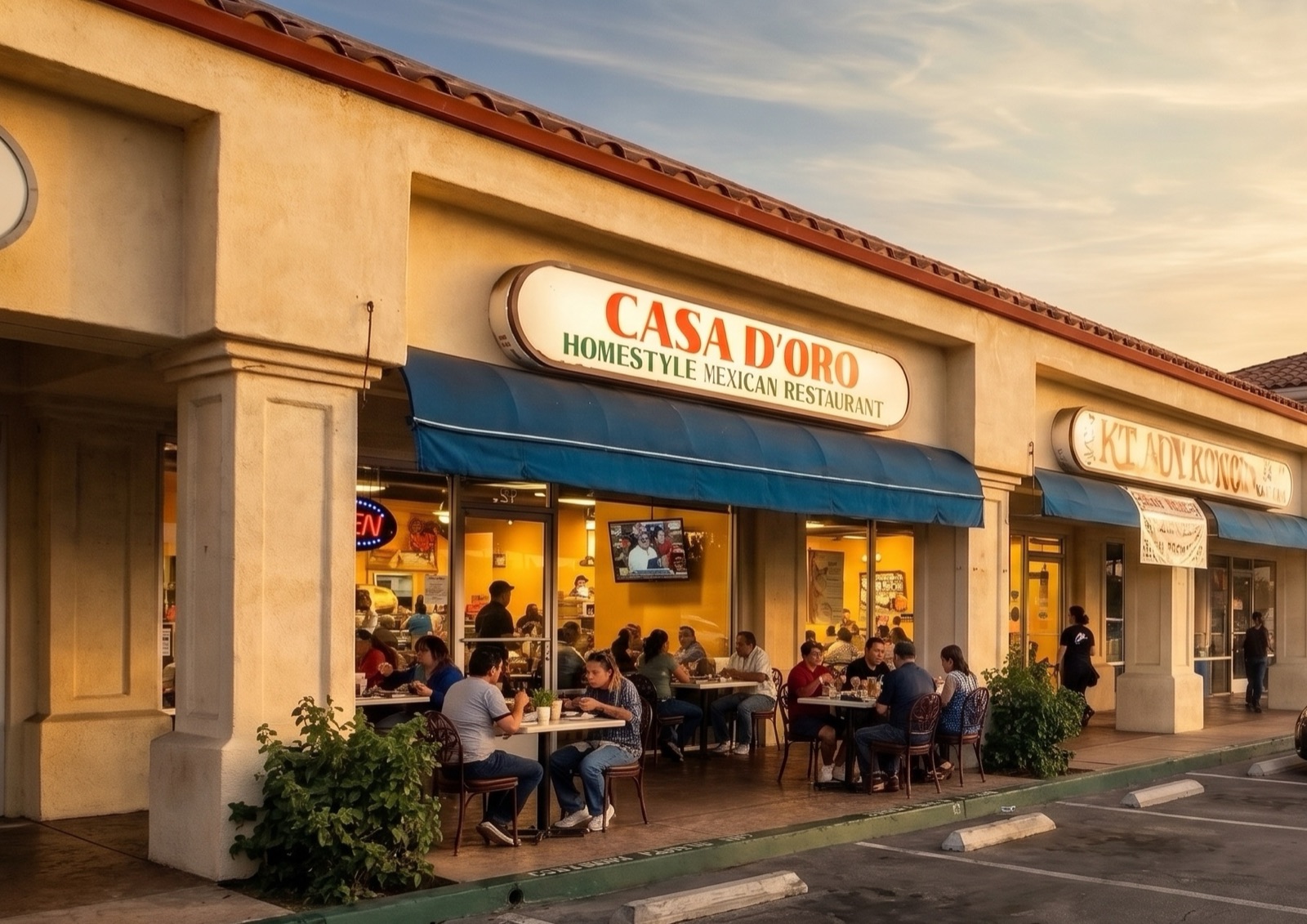 Fachada de Casa D'Oro con clientes disfrutando en la terraza, Tustin CA
